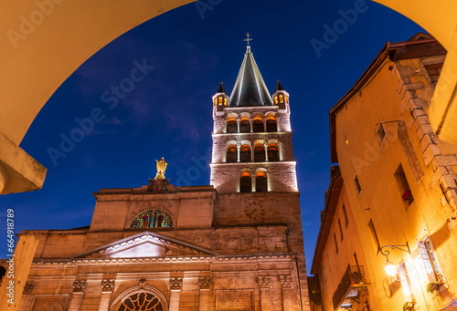 Notre Dame de Liesse Church, at night with its beautiful bell tower in Annecy, Haute Savoie, France. photo