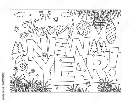 Coloring page with  Happy New Year   greeting 