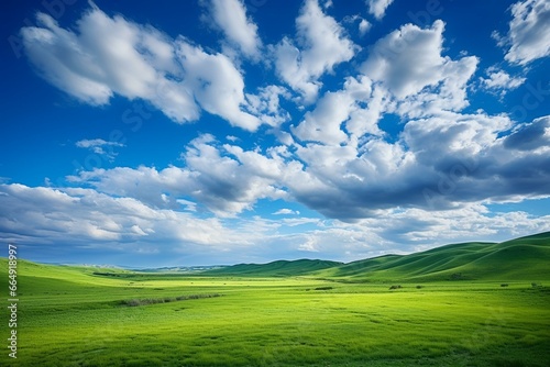 Fast-moving clouds float over lush meadow. Generative AI
