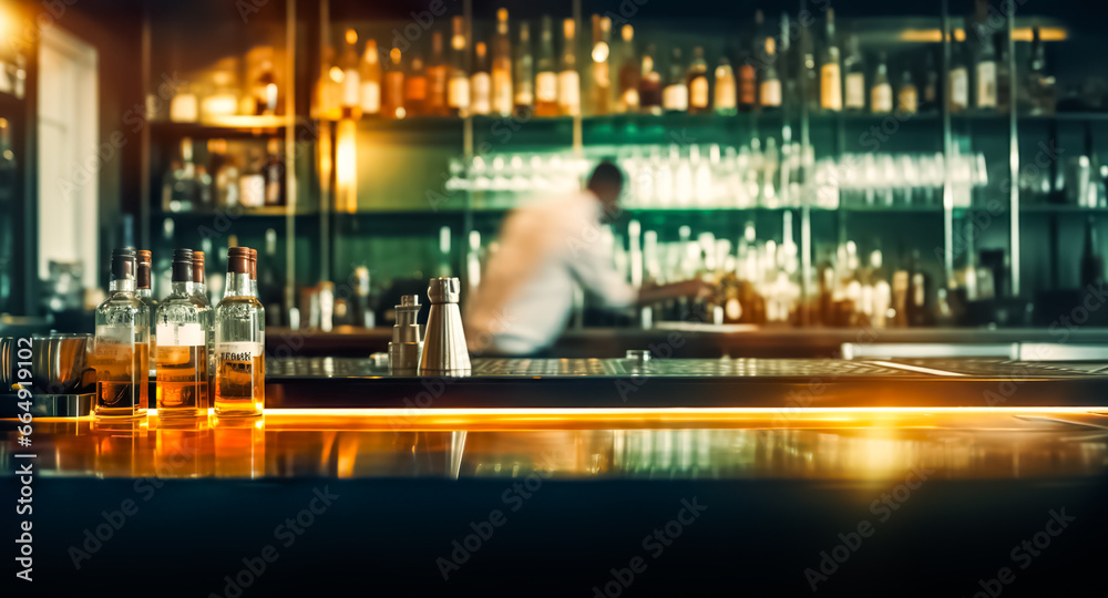 Blur shot of classic luxury counter bar drink.cocktail bartender with  light gold bokeh background.beverage concepts
