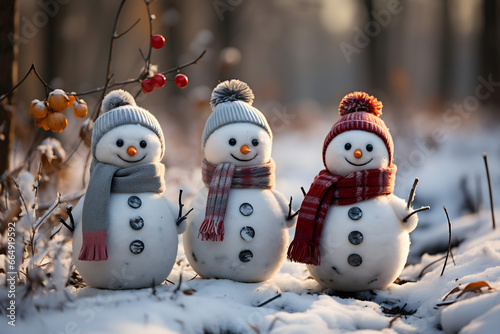 christmas tree decorations, santa claus with gifts, snowman in the snow, christmas gift boxes © fadi