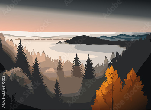 Landscape of autumn mountain forest during misty morning.