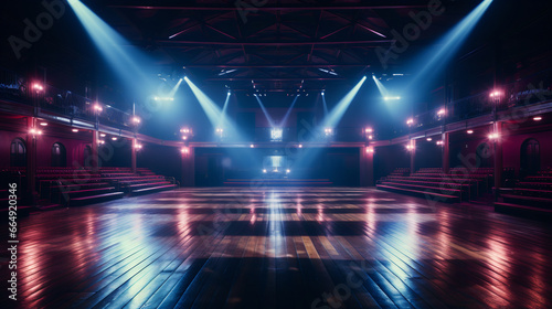 Futuristic empty stage. Dark space with blue neon spotlights. Scene with rays of light. AI generative