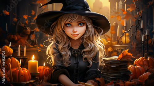 Blonde witch with book, dropping spiders into cauldron.