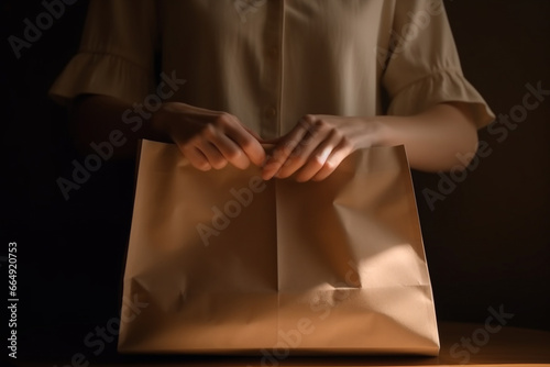 paper bag with products in the hands of a woman. female hold in hand brown paper bag with food products. Delivery service from shop or restaurant concept. Copy space advertising mock up. Generative AI