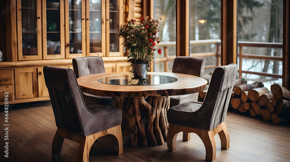 Handmade wooden log furniture, round dining table and chairs. Rustic interior design of modern living room in country house
