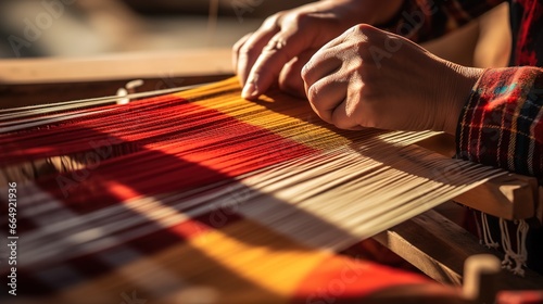 Celebrating Modern Traditional Heritage Craft, Close-Up of Hands Weaving a Colorful Textile on a Wooden Loom with Copy Space for Creative Expressions 
