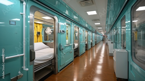 a spacious corridor lined with rows of beds