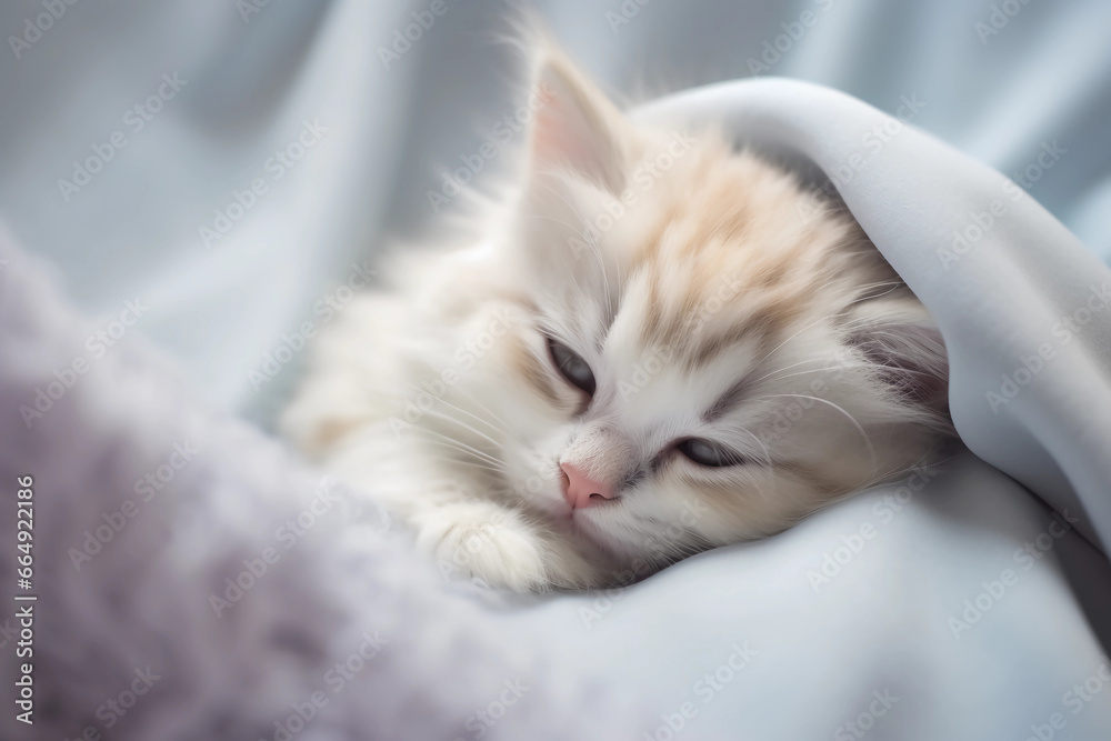Cute white and red kitten is sleeping on a soft blanket. To close.