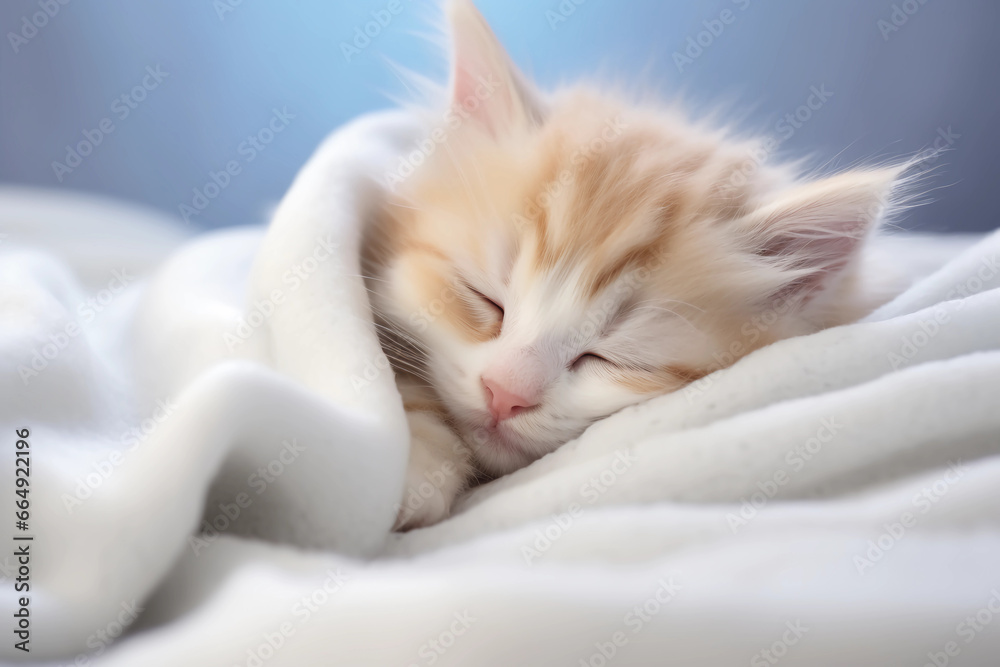 Cute white and red kitten is sleeping on a soft blanket. To close.