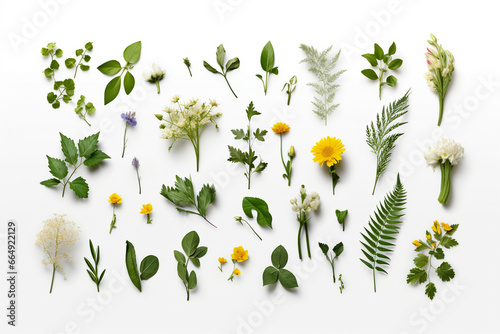 Fototapete assortment of leaves and flowers on white background