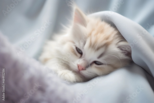 Cute white and red kitten is sleeping on a soft blanket. To close. © Yuliya
