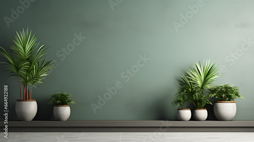 Interior background of room with empty green stucco wall and plant stand 3d rendering
