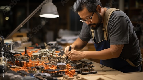 A person constructing a miniature replica of an urban landscape