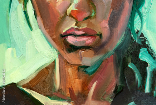 Heartbroken sad woman, illustration portrait in oil on green light background. photo