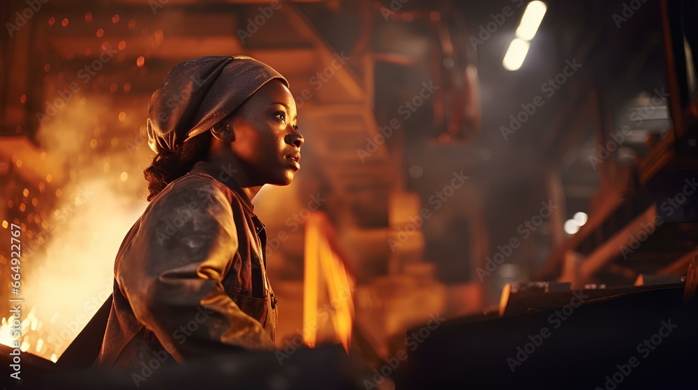 A female African-American worker, a metallurgist at a metallurgical plant.