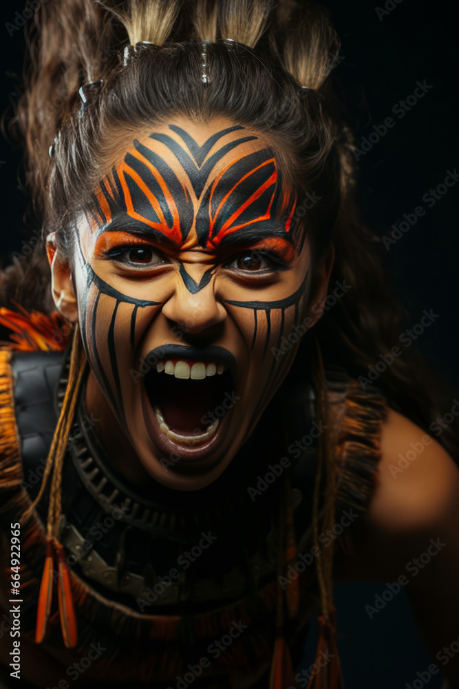 Furious warrior woman with tribal face paint and tattoo Furious warrior woman with tribal face paint and tattoo
