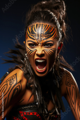 Furious woman in warrior outfit with tribal face paint and tattoo.