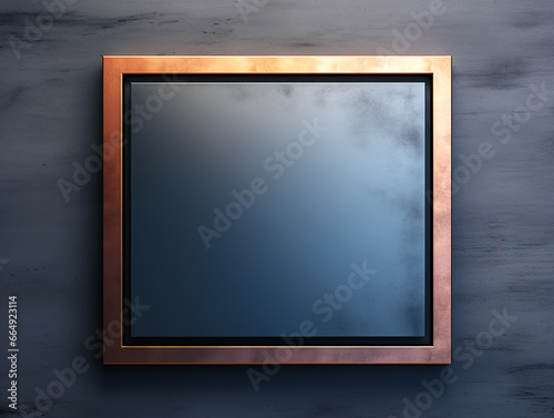 Blue rectangle in a bronze frame, geometric background with space for text.