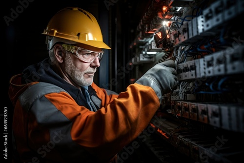 Electrician at work. Electrician working professionally. Male commercial electrician is working on a fuse box, wearing safety gear.