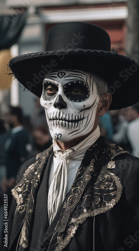 Historical Drama: Authentic Day of the Dead Man in Skeleton Attire