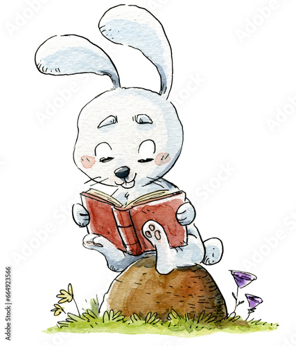 White rabbit reading a book sitting on a rock