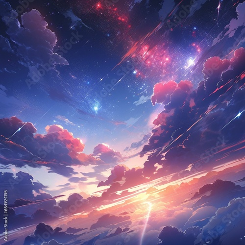 Colorful Starry Sky with Sunset Background in Anime Style