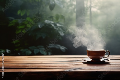 Steaming cup of hot tea on a wooden table. Generative AI