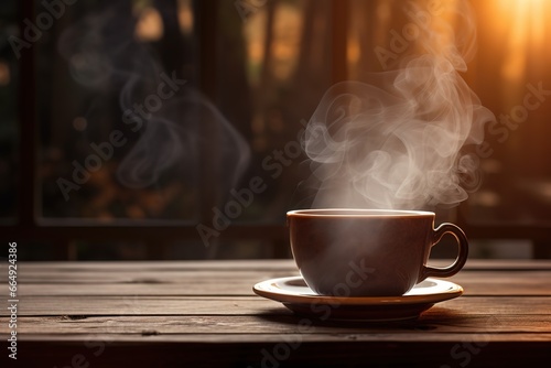Steaming cup of hot tea on a wooden table. Generative AI