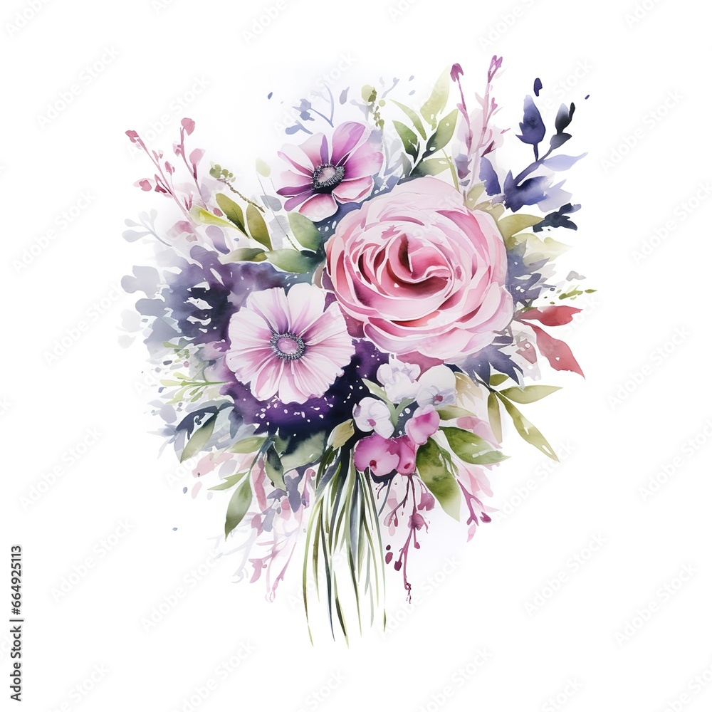 beautiful flower bouquet in watercolor style on white background.