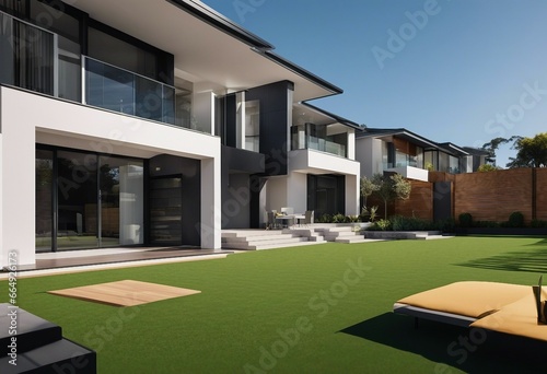A contemporary Australian home or residential buildings front yard features artificial grass lawn © ArtisticLens