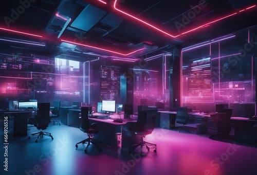 Modern neon cyberpunk open space office interior blurred with information technology overlay