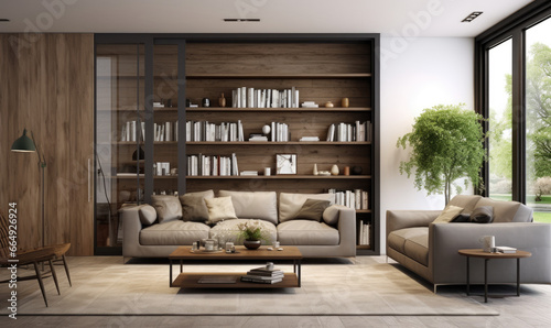 Modern living room interior with door 3d rendering © Sri