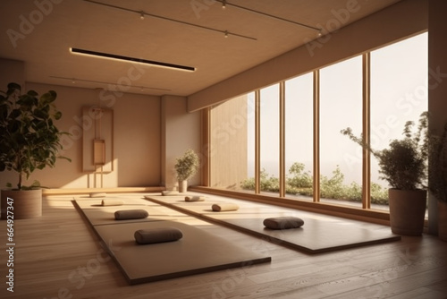 A bright room, minimalistic design with mats for calming yoga, a floor-to-ceiling window, the setting sun through the glass and the exotic view outside the window. © MarijaBazarova