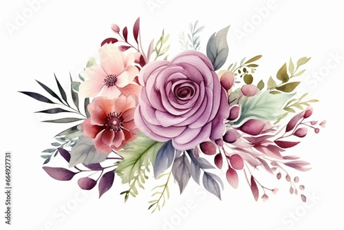 Watercolor bouquet of flowers, leaves, and foliage isolated on white. Bohemian floral frame for wedding invitation or save the date card. Generative AI