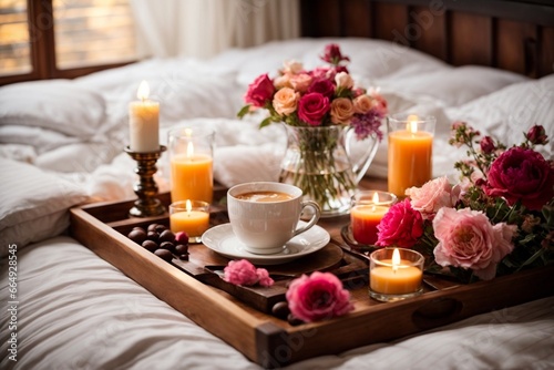 Romantic breakfast in bed with coffee, rose flowers, candles and coffee beans