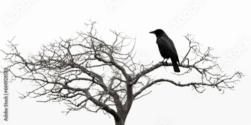 Crow Perched on a Tree Branch Isolated on White Background. Raven