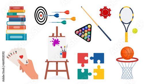 Items for various hobbies and creativity. Equipment for sports, art, games. Ways of spending time. Billiard, tennis, basketball, playing cards, reading, darts, puzzles, drawing. Vector illustration.
