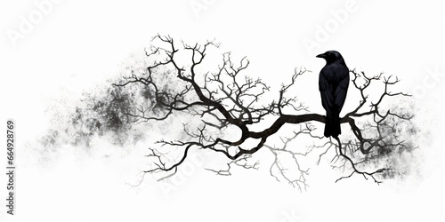 Crow Perched on a Tree Branch Isolated on White Background. Raven