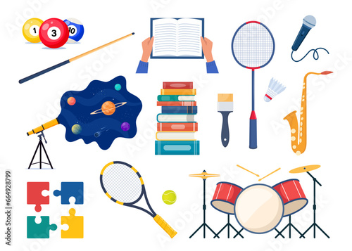Items for various hobbies and creativity. Equipment for sports, art, games. Ways of spending time. Billiard, tennis, music, astronomy, reading, puzzles, drawing, singing. Vector illustration.