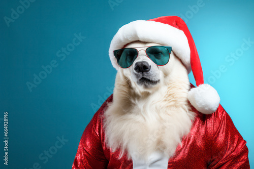 Portrait of a polar bear wearing Santa Claus costume