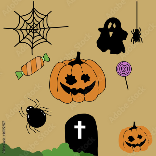 Halloween vector background design. Happy halloween trick or treat text with cute ghost and pumpkins element for spooky yard party celebration