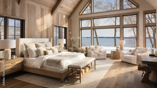 Modern bedroom farmhouse interior design with wooden floor. Large windows with views. © Ignacio Ferrándiz