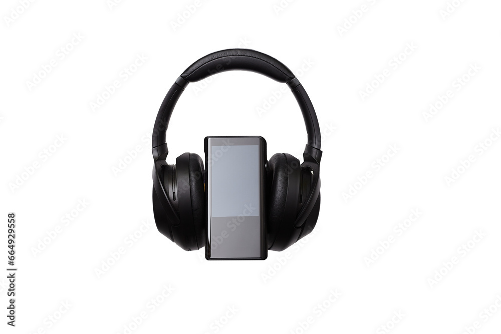 Noise-canceling headphones and a hi-fi player on a white background