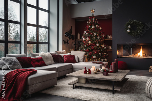 A cozy living room adorned with Christmas decorations, emphasizing the love and creation of a festive atmosphere, love and creation with copy space