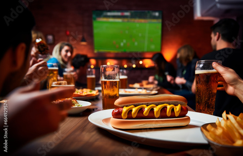 Leinwand Poster Beer, Soccer, and Hot Dogs: Friends Enjoying the Game on TV with Tasty Bites in a Fun and Exciting Social Gathering
