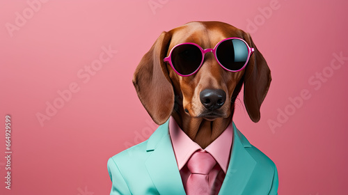 Dachshund  dog wearing sunglasses, tie and costume on a pastel background  © reddish