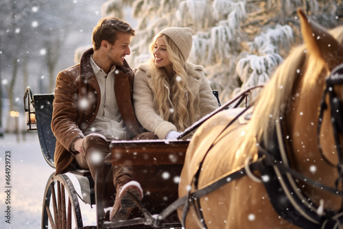 A young couple enjoying a romantic sleigh ride through a snowy winter wonderland, symbolizing the love and creation of special moments, love and creation with copy space