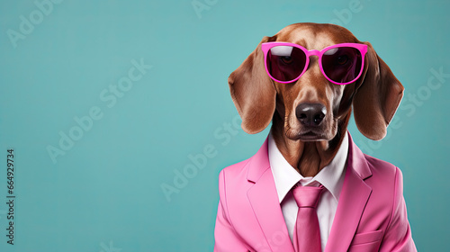 Dachshund  dog wearing sunglasses, tie and costume on a pastel background  © reddish
