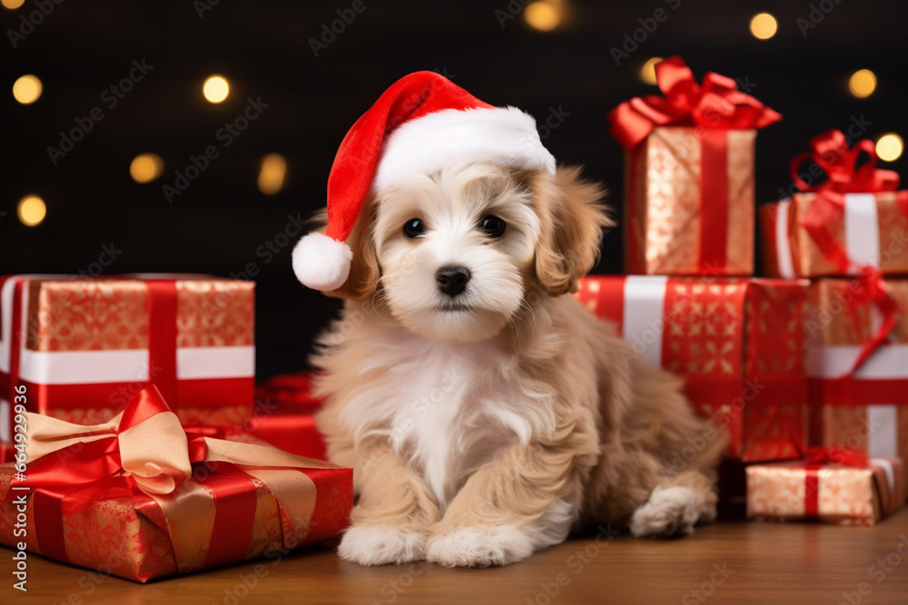 A playful puppy wearing a Santa hat and surrounded by gift-wrapped presents, symbolizing the love and creation of adorable holiday moments, love and creation with copy space